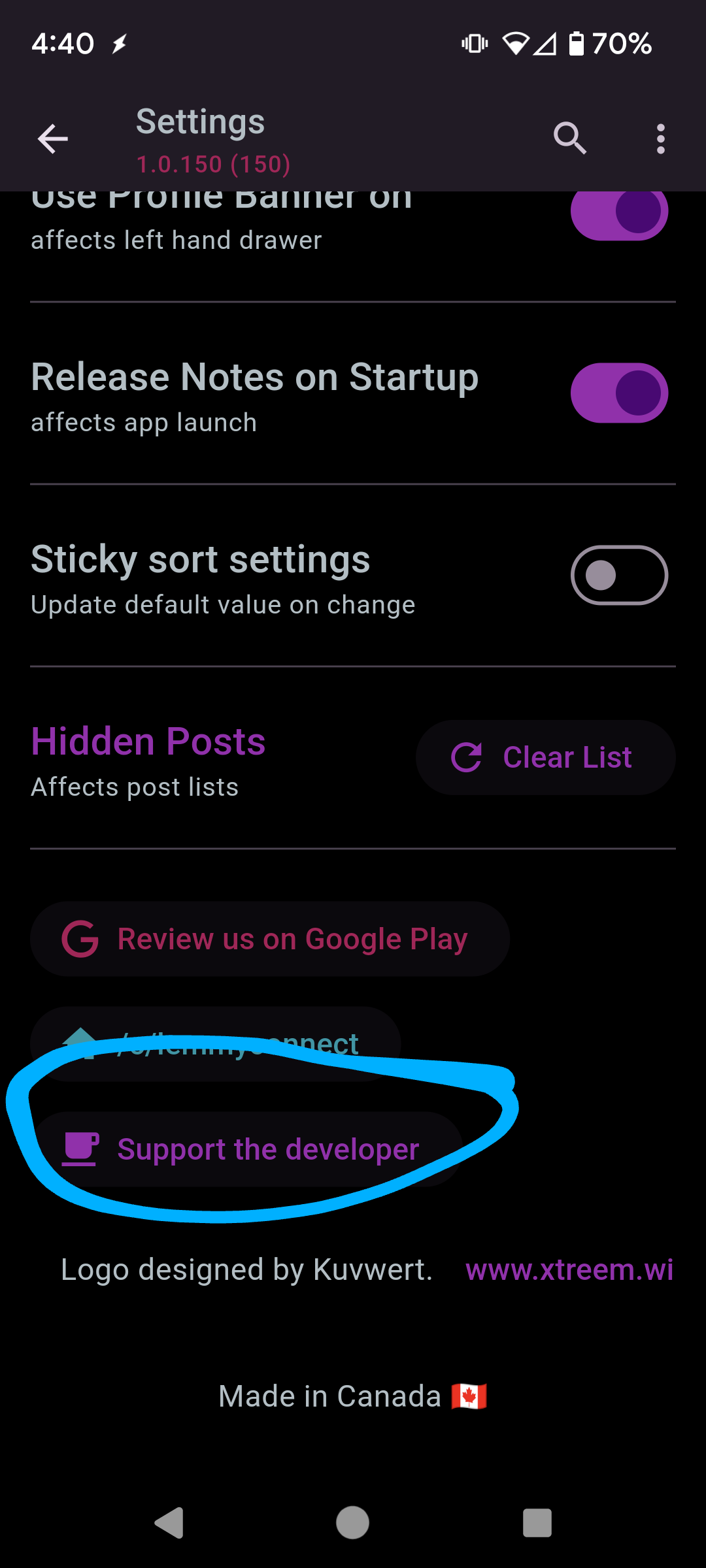 Connect settings page